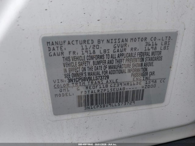 45019640 :رقم المزاد ، 3N1CP5BV9LL573729 vin ، 2020 Nissan Kicks S Xtronic Cvt مزاد بيع