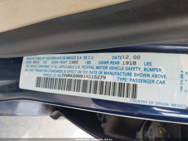 Продажа на аукционе авто 2001 Volkswagen Jetta Gl, vin: 3VWRK69M91M115279, номер лота: 45019648