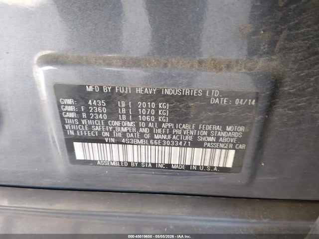 Aukcja sprzedaży 2014 Subaru Legacy 2.5i Limited, vin: 4S3BMBL66E3033471, numer aukcji: 45019650