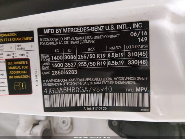 Продаж на аукціоні авто 2016 Mercedes-benz Gle 350 4matic, vin: 4JGDA5HB0GA798940, номер лоту: 45019651