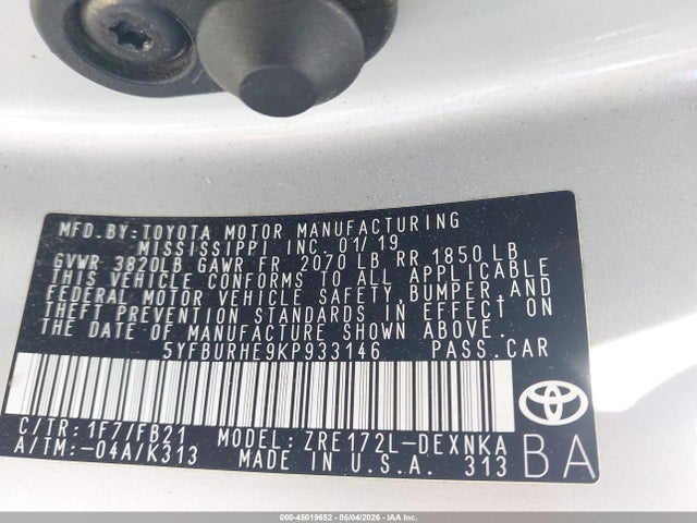 2019 Toyota Corolla Le მანქანა იყიდება აუქციონზე, vin: 5YFBURHE9KP933146, აუქციონის ნომერი: 45019652