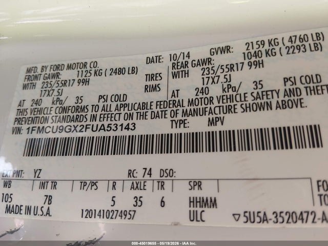 1FMCU9GX2FUA53143 Ford ESCAPE SE