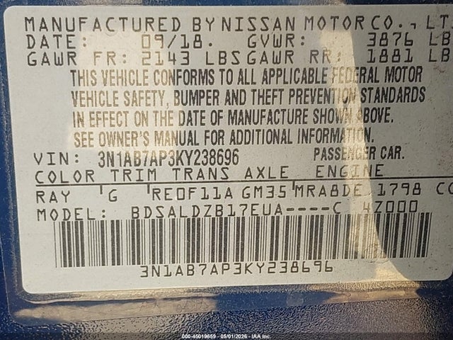 Продаж на аукціоні авто 2019 Nissan Sentra Sv, vin: 3N1AB7AP3KY238696, номер лоту: 45019659