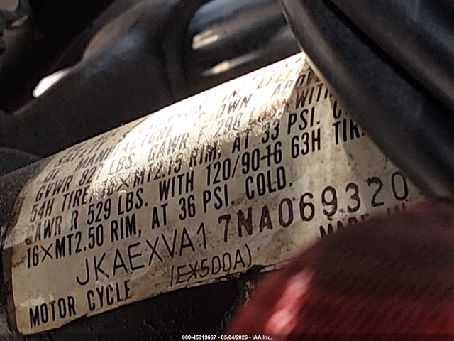 45019667 :رقم المزاد ، JKAEXVA17NA069320 vin ، 1992 Kawasaki Ex500 مزاد بيع
