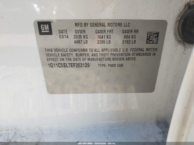 2014 Chevrolet Malibu 1lt მანქანა იყიდება აუქციონზე, vin: 1G11C5SL7EF263129, აუქციონის ნომერი: 45019669