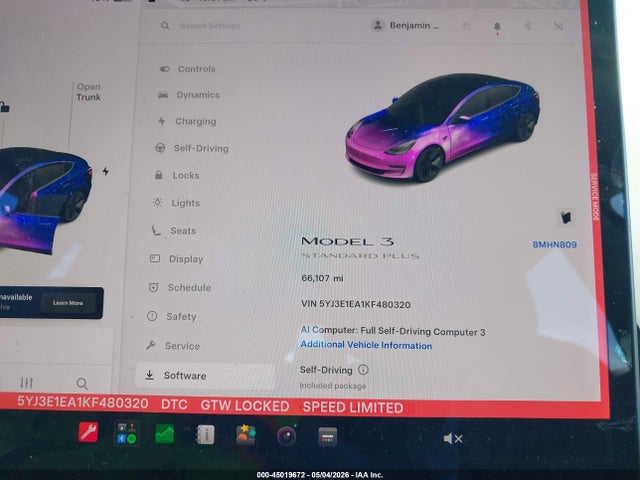 2019 Tesla Model 3 მანქანა იყიდება აუქციონზე, vin: 5YJ3E1EA1KF480320, აუქციონის ნომერი: 45019672