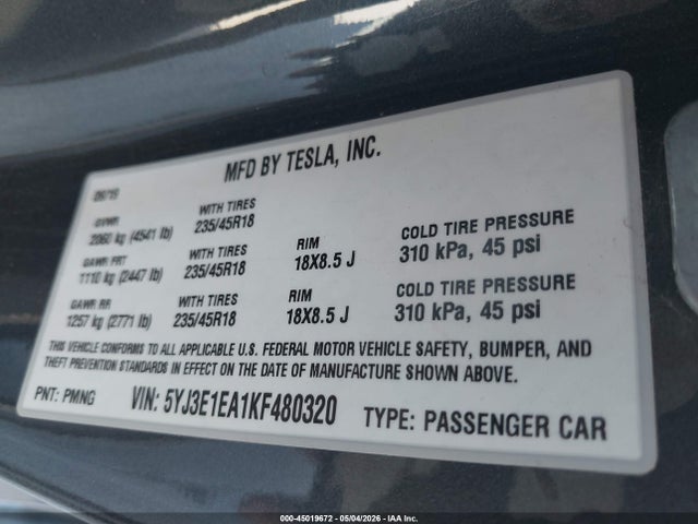 2019 Tesla Model 3 მანქანა იყიდება აუქციონზე, vin: 5YJ3E1EA1KF480320, აუქციონის ნომერი: 45019672