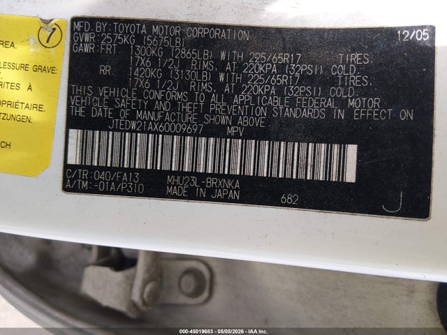 Aukcja sprzedaży 2006 Toyota Highlander Hybrid V6, vin: JTEDW21AX60009697, numer aukcji: 45019683