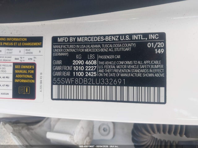 45019687 :رقم المزاد ، 55SWF8DB2LU332691 vin ، 2020 Mercedes-benz C 300 مزاد بيع