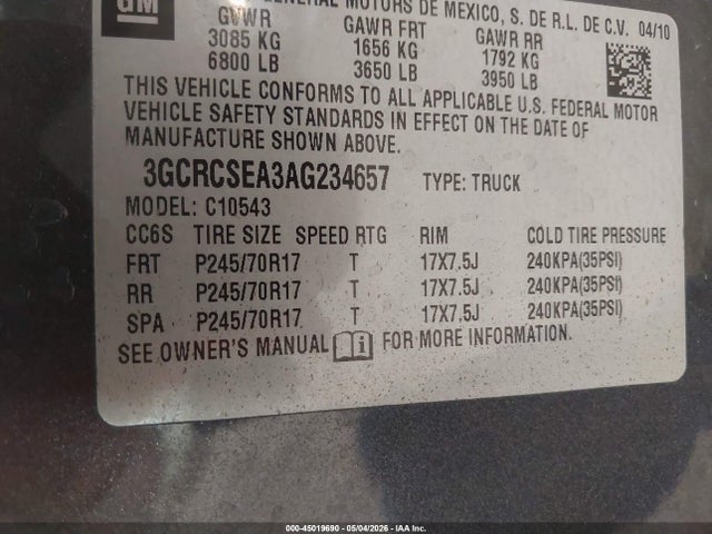 45019690 :رقم المزاد ، 3GCRCSEA3AG234657 vin ، 2010 Chevrolet Silverado 1500 Lt مزاد بيع