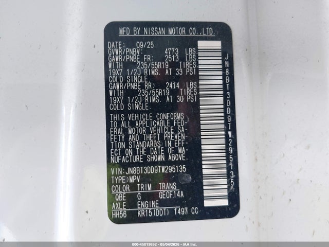 Продаж на аукціоні авто 2026 Nissan Rogue Platinum, vin: JN8BT3DD9TW295135, номер лоту: 45019692