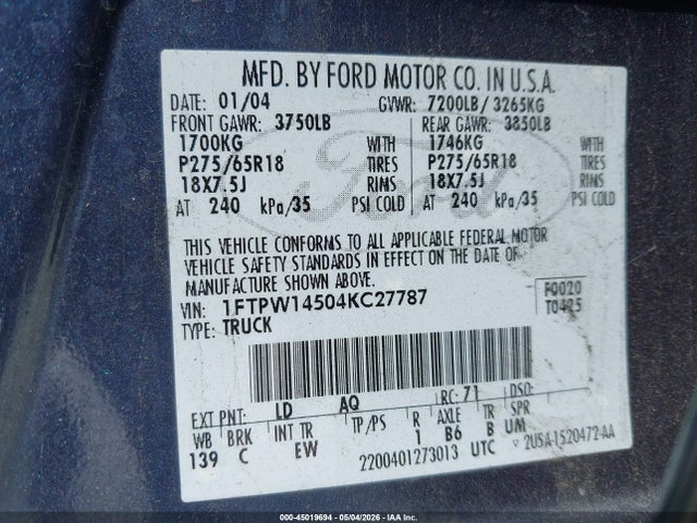 Aukcja sprzedaży 2004 Ford F-150 Fx4/lariat/xlt, vin: 1FTPW14504KC27787, numer aukcji: 45019694
