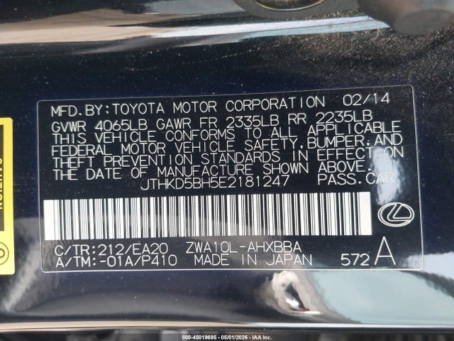 Aukcja sprzedaży 2014 Lexus Ct 200h, vin: JTHKD5BH5E2181247, numer aukcji: 45019695