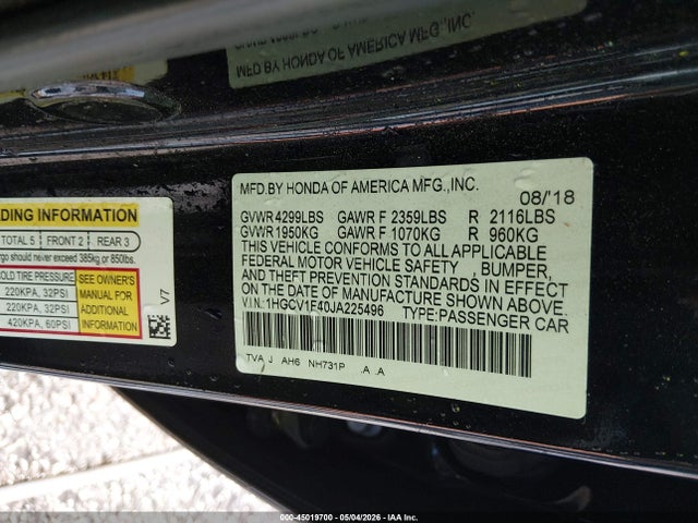 Продажа на аукционе авто 2018 Honda Accord Ex, vin: 1HGCV1F40JA225496, номер лота: 45019700