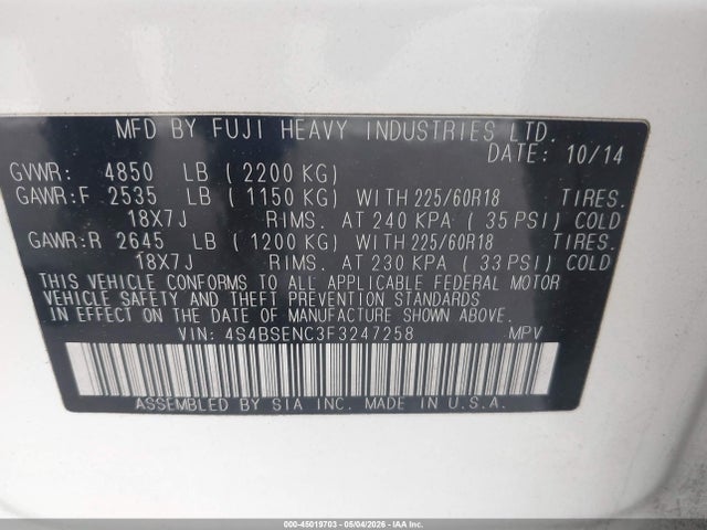 Продажа на аукционе авто 2015 Subaru Outback 3.6r Limited, vin: 4S4BSENC3F3247258, номер лота: 45019703