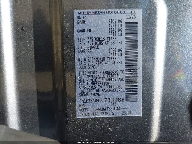45019708 :رقم المزاد ، 5N1BT3BB4TC733988 vin ، 2026 Nissan Rogue Sv مزاد بيع