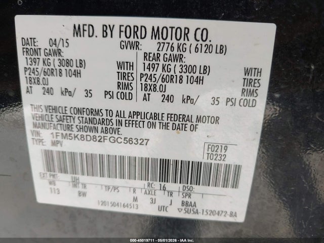 45019711 :رقم المزاد ، 1FM5K8D82FGC56327 vin ، 2015 Ford Explorer Xlt مزاد بيع