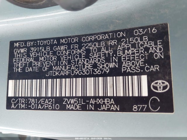 Aukcja sprzedaży 2016 Toyota Prius Three Touring, vin: JTDKARFU9G3013679, numer aukcji: 45019714
