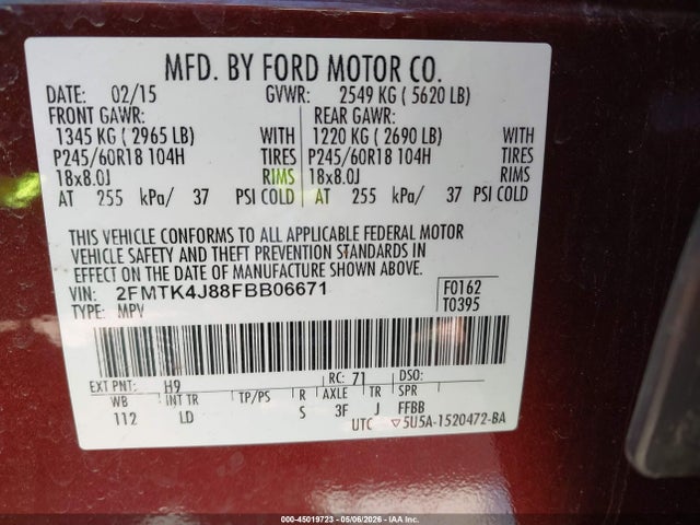 45019723 :رقم المزاد ، 2FMTK4J88FBB06671 vin ، 2015 Ford Edge Sel مزاد بيع