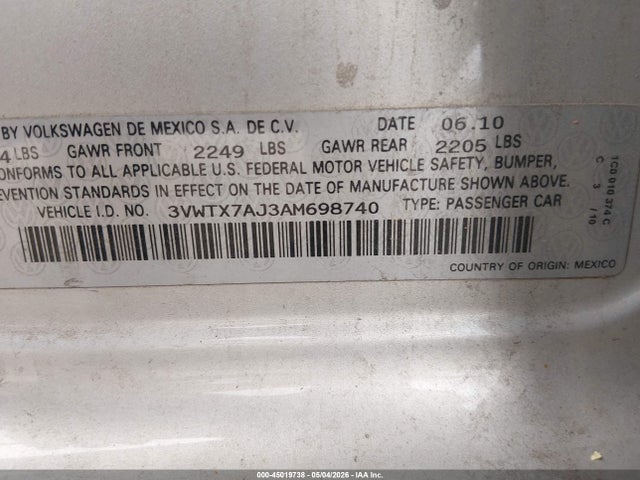 Aukcja sprzedaży 2010 Volkswagen Jetta Se, vin: 3VWTX7AJ3AM698740, numer aukcji: 45019738