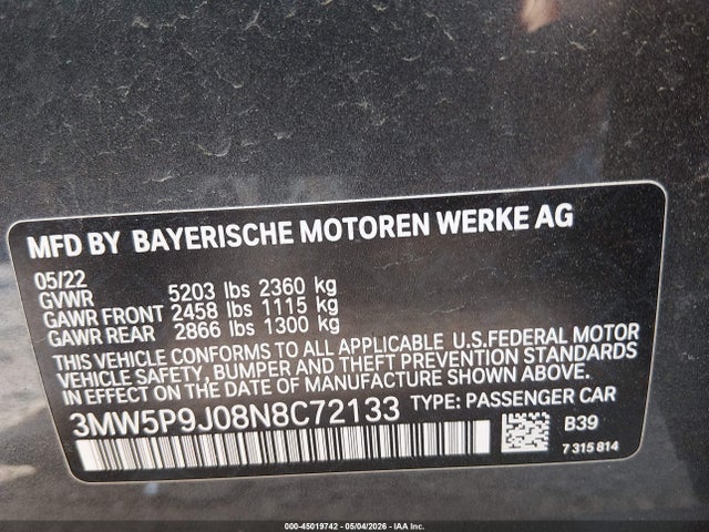 2022 Bmw 330e Xdrive მანქანა იყიდება აუქციონზე, vin: 3MW5P9J08N8C72133, აუქციონის ნომერი: 45019742