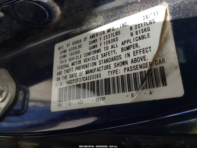 2012 Honda Accord 2.4 Lx მანქანა იყიდება აუქციონზე, vin: 1HGCP2F37CA000065, აუქციონის ნომერი: 45019744