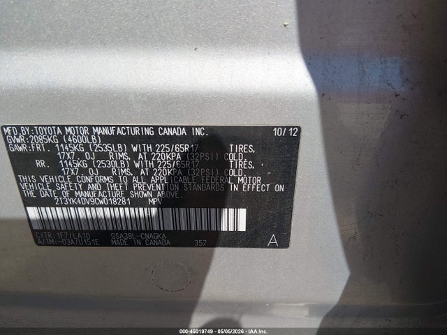 Aukcja sprzedaży 2012 Toyota Rav4 Limited V6, vin: 2T3YK4DV9CW018281, numer aukcji: 45019749