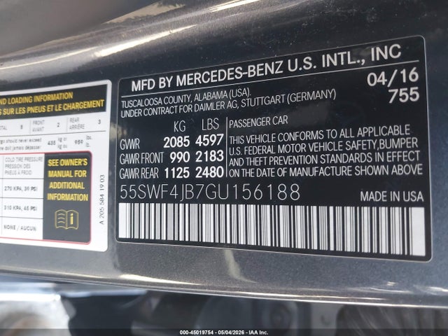 2016 Mercedes-benz C 300 Luxury/sport მანქანა იყიდება აუქციონზე, vin: 55SWF4JB7GU156188, აუქციონის ნომერი: 45019754
