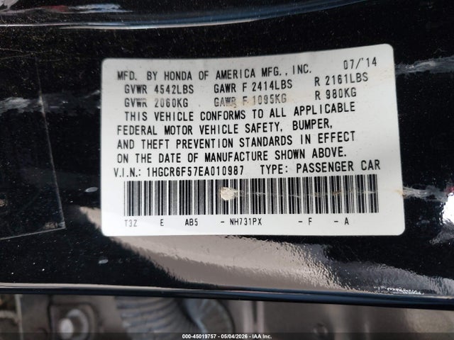 1HGCR6F57EA010987 Honda Accord Hybrid Ex-l
