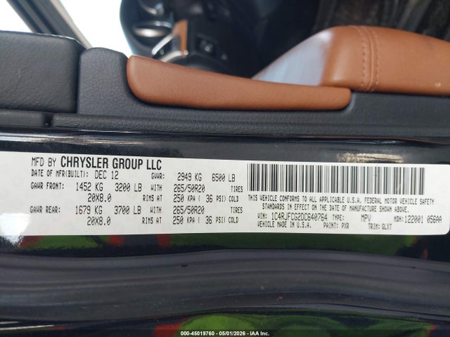 Продаж на аукціоні авто 2013 Jeep Grand Cherokee Overland, vin: 1C4RJFCG2DC640764, номер лоту: 45019760