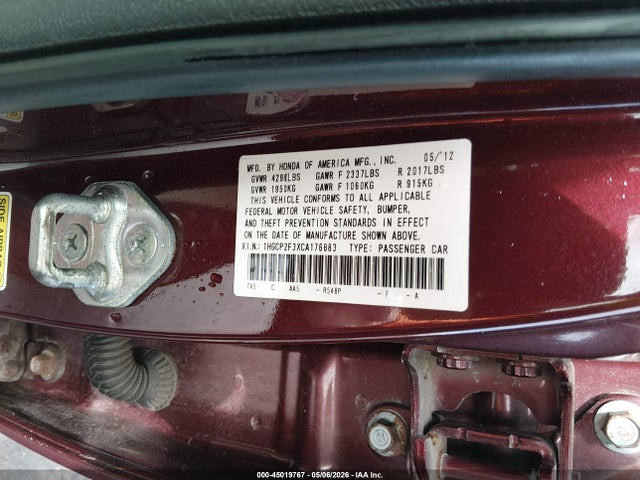 Продаж на аукціоні авто 2012 Honda Accord 2.4 Lx, vin: 1HGCP2F3XCA176883, номер лоту: 45019767