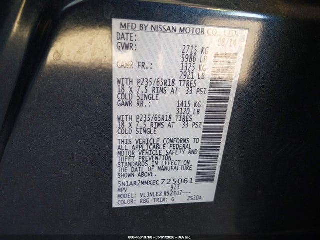 45019768 :رقم المزاد ، 5N1AR2MMXEC725061 vin ، 2014 Nissan Pathfinder Sv مزاد بيع