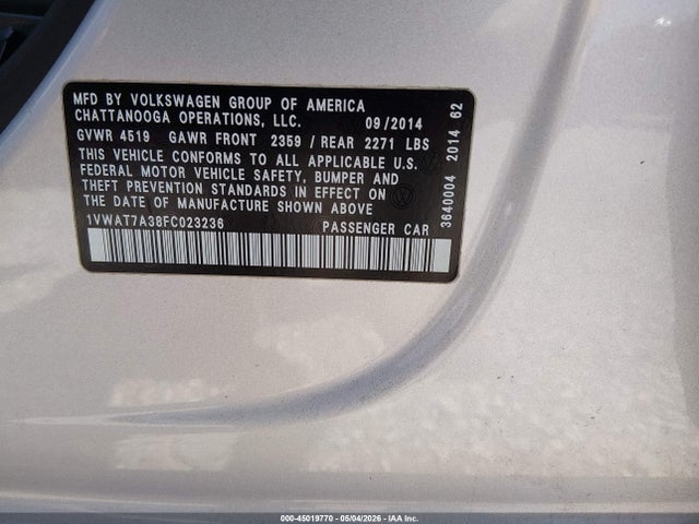 Продажа на аукционе авто 2015 Volkswagen Passat 1.8t Wolfsburg Edition, vin: 1VWAT7A38FC023236, номер лота: 45019770