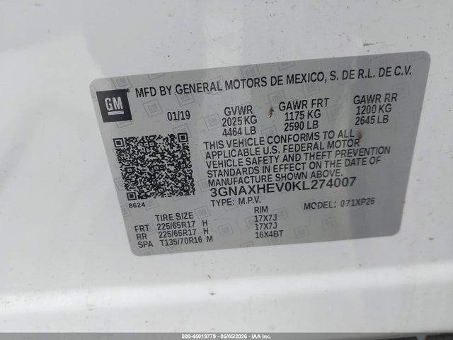 Продаж на аукціоні авто 2019 Chevrolet Equinox Ls, vin: 3GNAXHEV0KL274007, номер лоту: 45019779