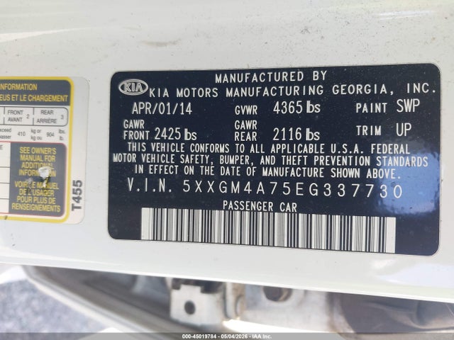 45019784 :رقم المزاد ، 5XXGM4A75EG337730 vin ، 2014 Kia Optima Lx مزاد بيع