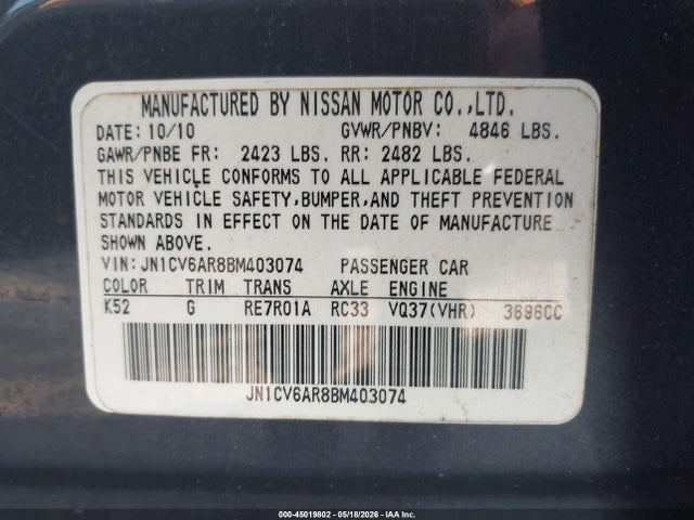 45019802 :رقم المزاد ، JN1CV6AR8BM403074 vin ، 2011 Infiniti G37x مزاد بيع