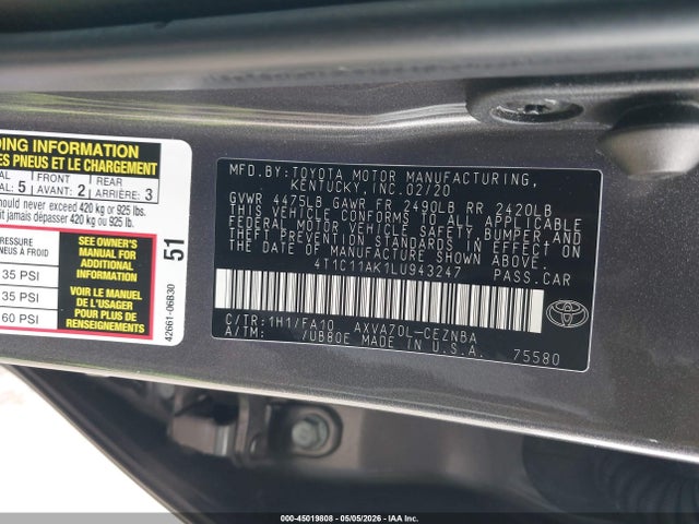 Aukcja sprzedaży 2020 Toyota Camry Le, vin: 4T1C11AK1LU943247, numer aukcji: 45019808