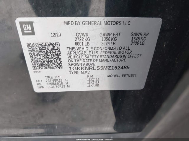 45019809 :رقم المزاد ، 1GKKNRLS5MZ152485 vin ، 2021 Gmc Acadia Sle مزاد بيع