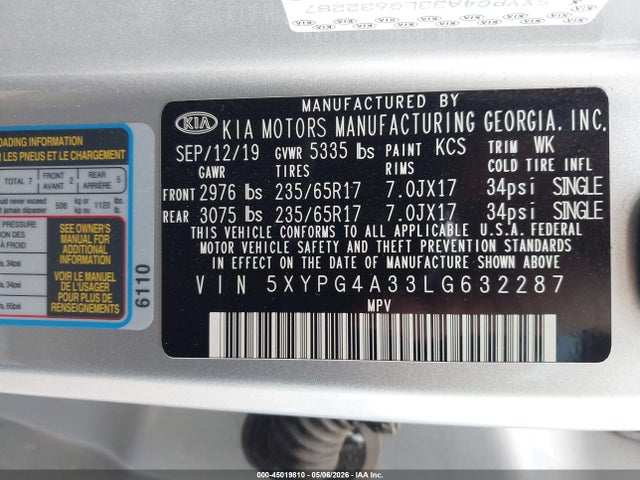 Aukcja sprzedaży 2020 Kia Sorento 2.4l L, vin: 5XYPG4A33LG632287, numer aukcji: 45019810
