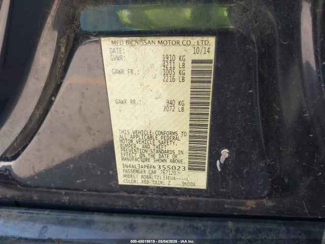 Aukcja sprzedaży 2015 Nissan Altima 2.5 Sl, vin: 1N4AL3AP6FN355023, numer aukcji: 45019819