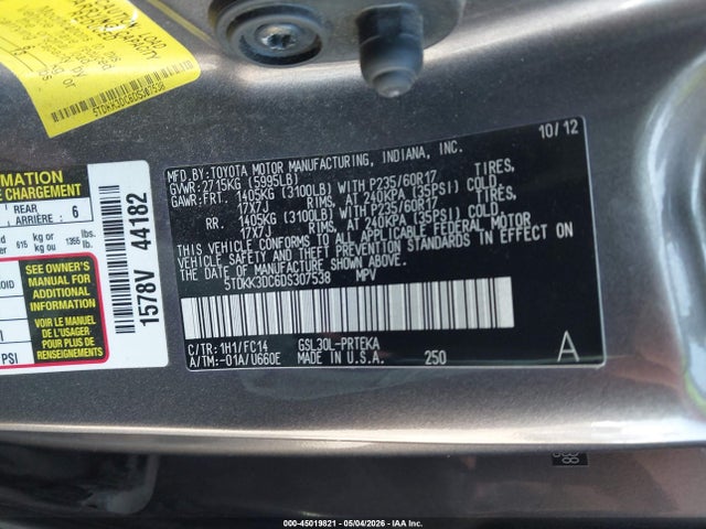 45019821 :رقم المزاد ، 5TDKK3DC6DS307538 vin ، 2013 Toyota Sienna Le V6 8 Passenger مزاد بيع