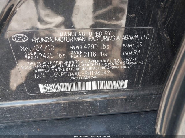 Aukcja sprzedaży 2011 Hyundai Sonata Gls, vin: 5NPEB4AC6BH198542, numer aukcji: 45019834