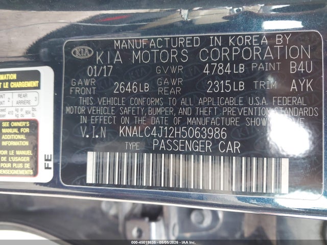 Aukcja sprzedaży 2017 Kia Cadenza Technology, vin: KNALC4J12H5063986, numer aukcji: 45019835