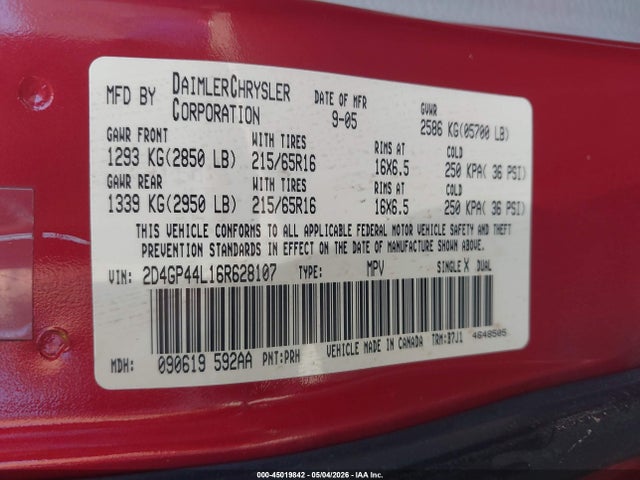 Продажа на аукционе авто 2006 Dodge Grand Caravan Sxt, vin: 2D4GP44L16R628107, номер лота: 45019842