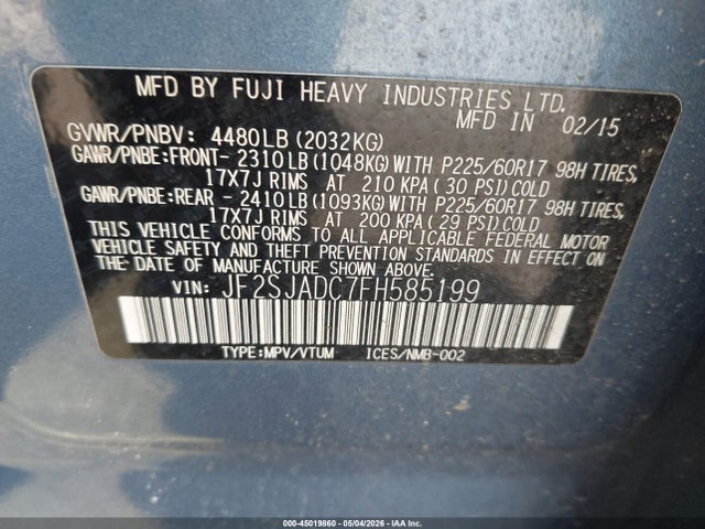 Продаж на аукціоні авто 2015 Subaru Forester 2.5i Premium, vin: JF2SJADC7FH585199, номер лоту: 45019860