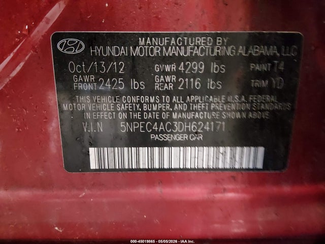 Продажа на аукционе авто 2013 Hyundai Sonata Limited, vin: 5NPEC4AC3DH624171, номер лота: 45019865