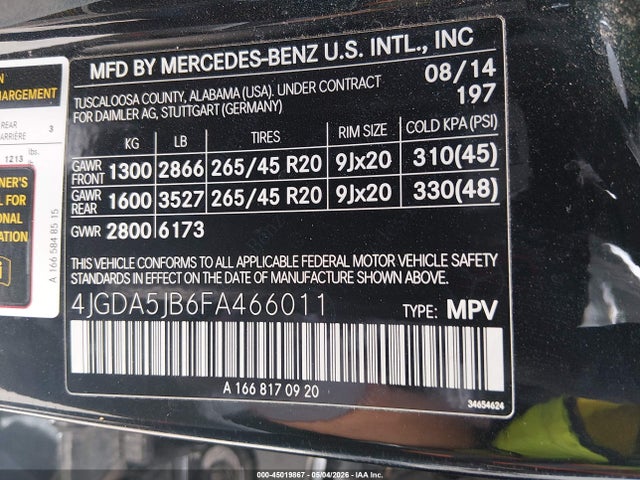 Mercedes-Benz ML 350 2015 4JGDA5JB6FA466011 Image 9