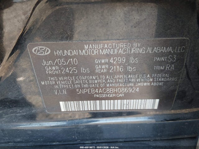 45019872 :رقم المزاد ، 5NPEB4AC8BH086924 vin ، 2011 Hyundai Sonata Gls مزاد بيع