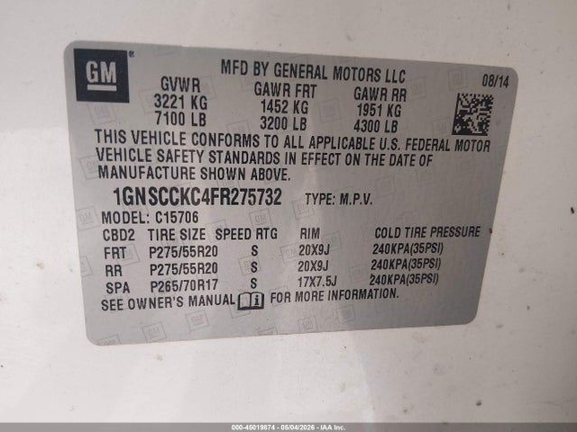 Aukcja sprzedaży 2015 Chevrolet Tahoe Ltz, vin: 1GNSCCKC4FR275732, numer aukcji: 45019874