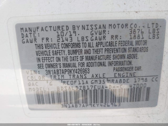 Продаж на аукціоні авто 2019 Nissan Sentra Sv, vin: 3N1AB7AP9KY426963, номер лоту: 45019875